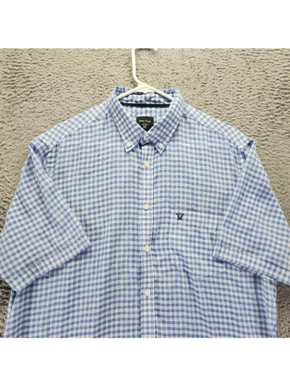 James Pringle Shirt Mens Large Blue Check Button Down Short Sleeve Cotton Blend
